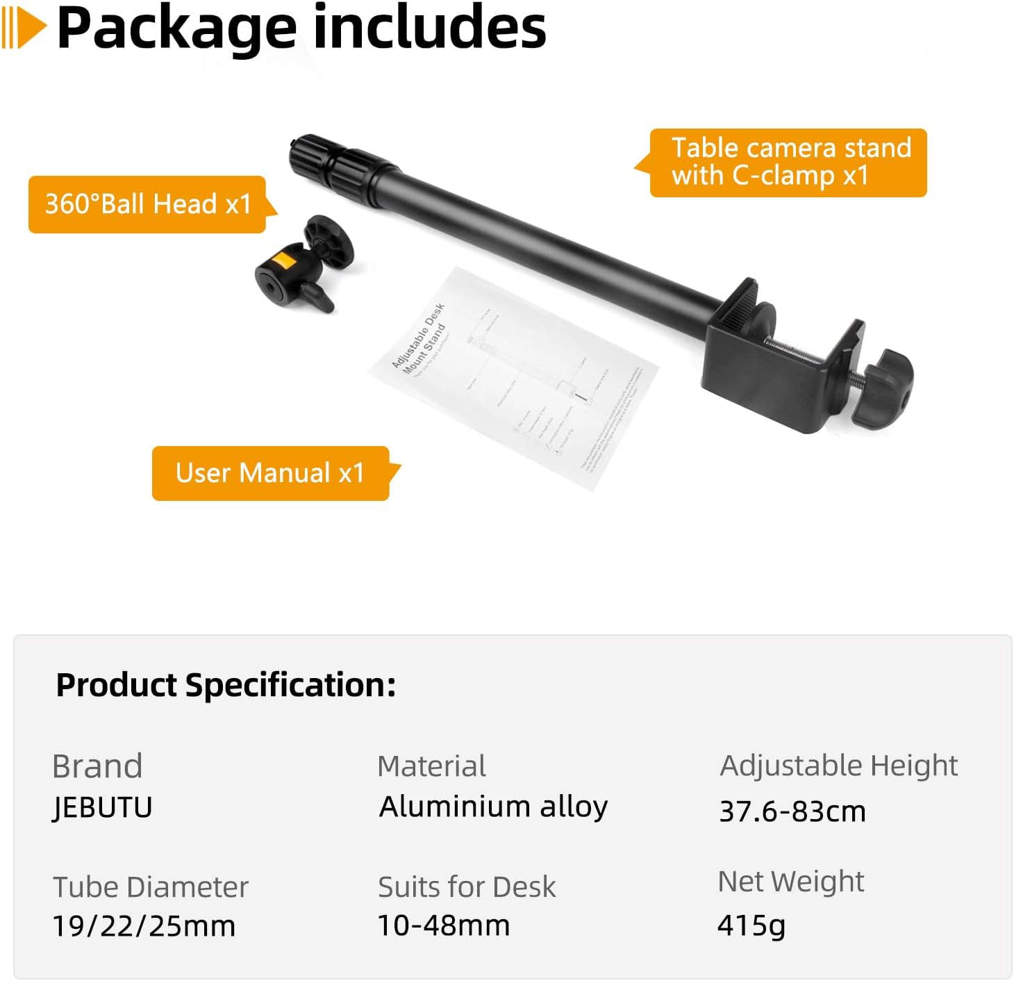 Detalle de JEBUTU Camera Desk Mount (37.6–83cm) with 1/4" Ball Head for Webcam, Ring Light & Live Streaming
