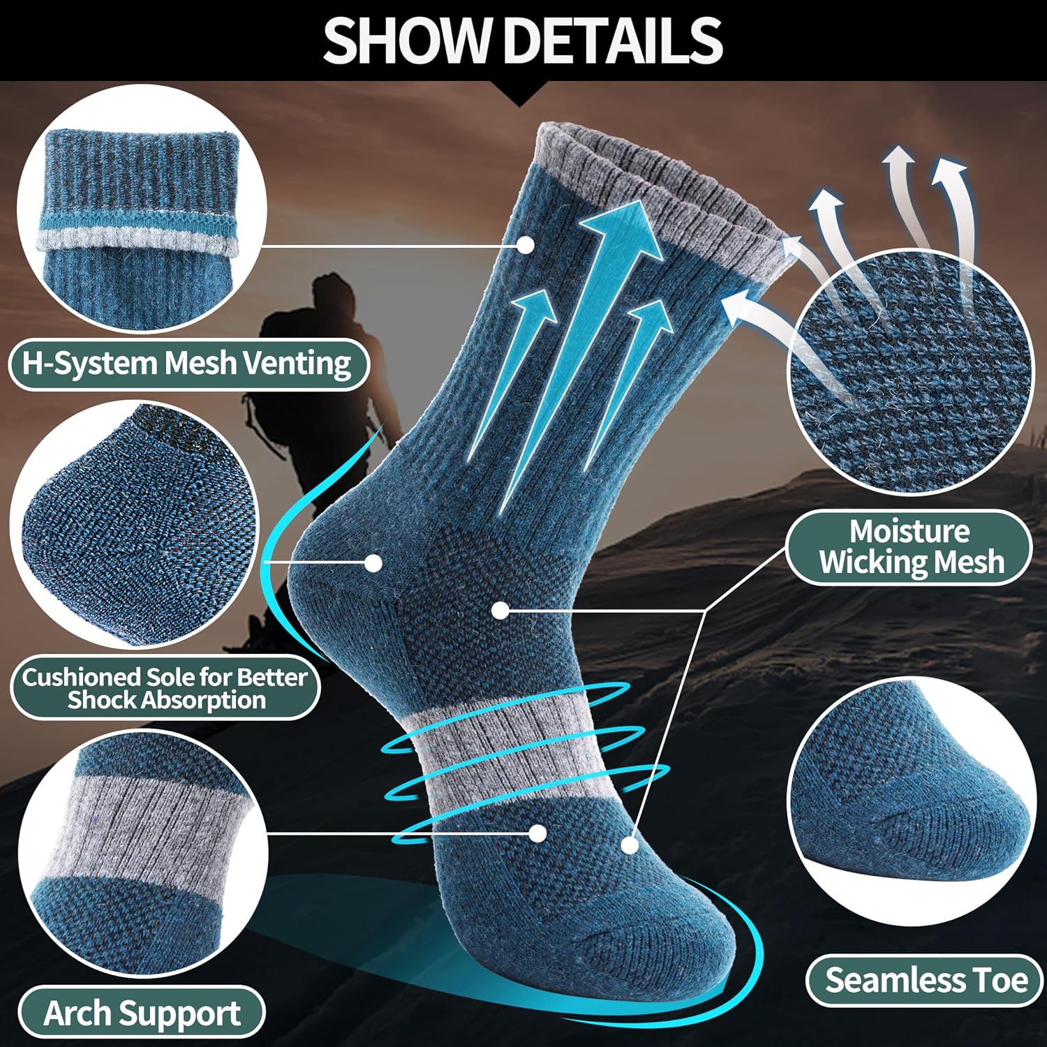 Detalle de Anlisim Merino Wool Crew Socks for Women, Hiking & Running, 5 Pairs