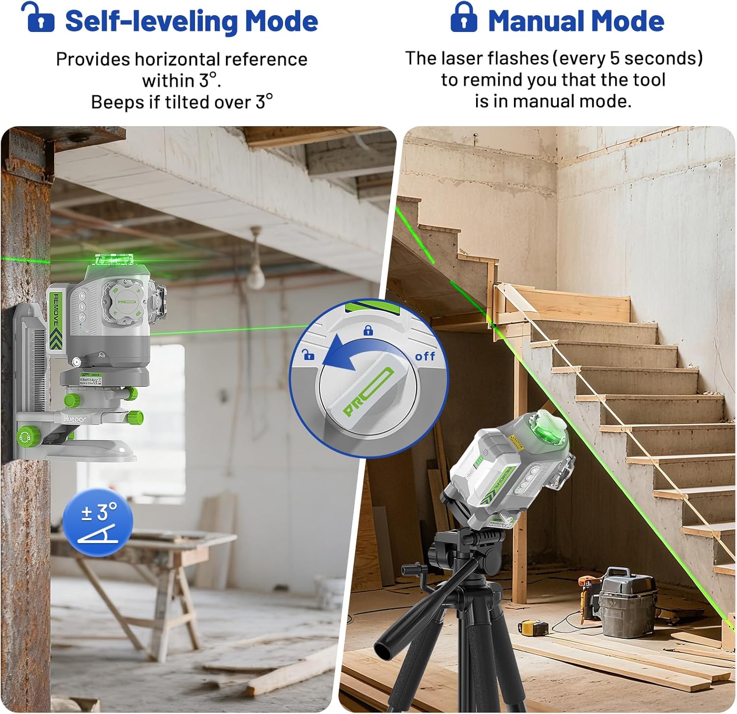 Thumbnail 4 de Huepar Pro Niveau laser vert 360 autonivelant avec base pivotante ±2 mm (GS03CG)