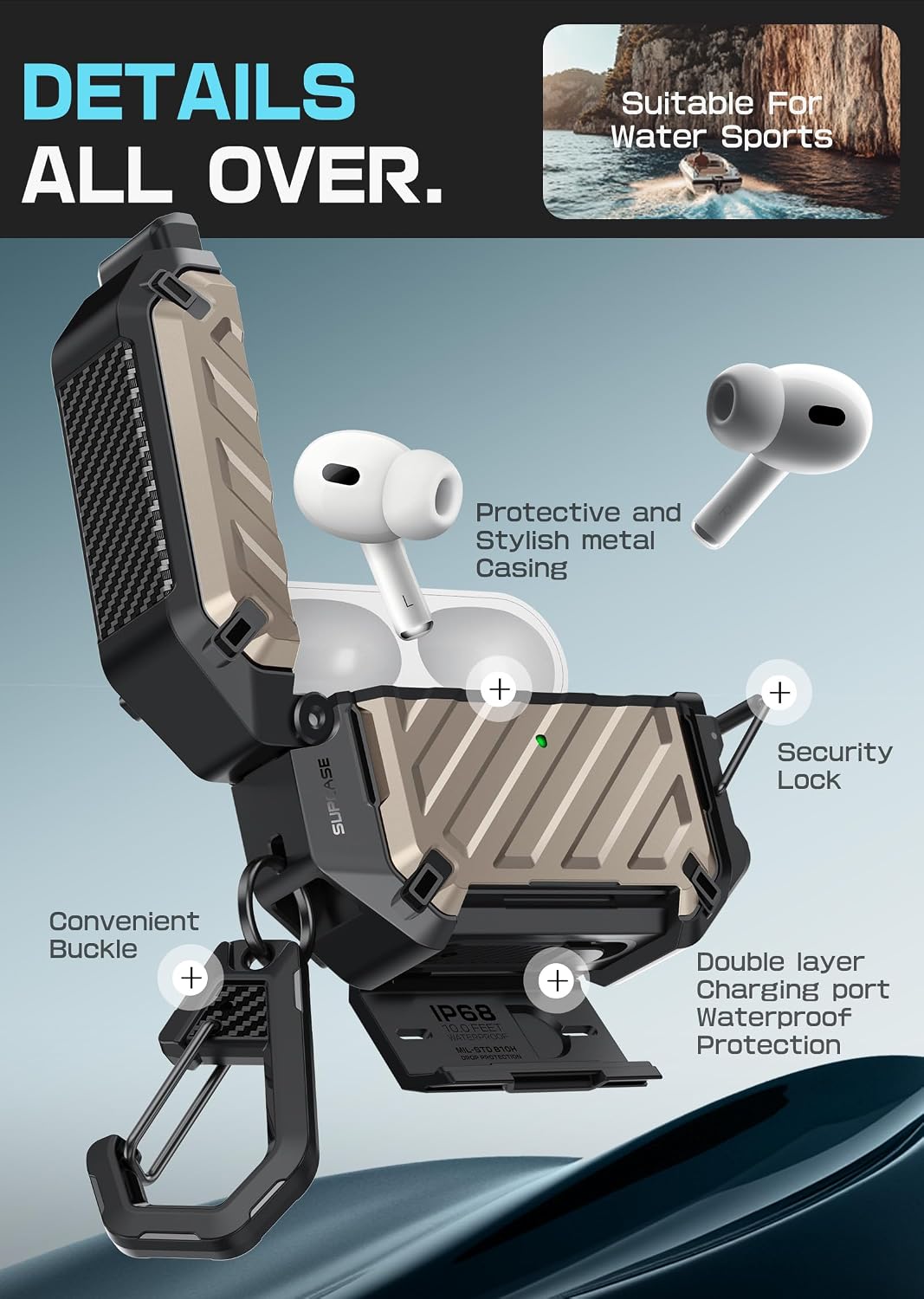 Thumbnail 6 de SUPCASE AirPods Pro 3 Case with Lock & Carabiner – Desert, IP68 Waterproof, MagSafe Compatible