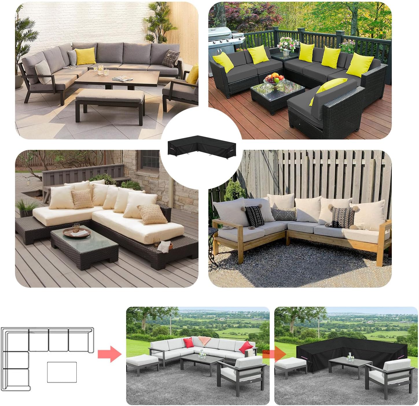 Thumbnail 6 de LAMUNI L-Shaped Garden Furniture Cover: 180x260x90x80/60cm, Waterproof 420D Oxford with UV Protection