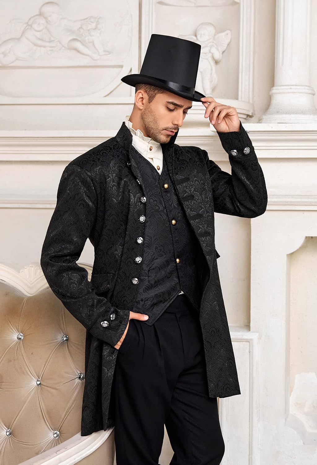 Detalle de Men's Medieval Tailcoat Jacket in Jacquard Fabric
