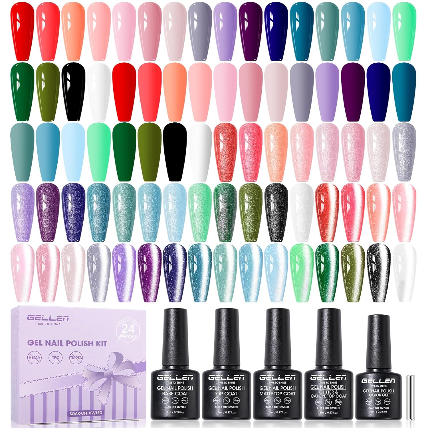 Detalle de GELLEN 24-Piece Gel Nail Polish Set: 20 Colors + Base Coat, Glossy & Matte Top Coats, Cat-Eye Magnetic Finish