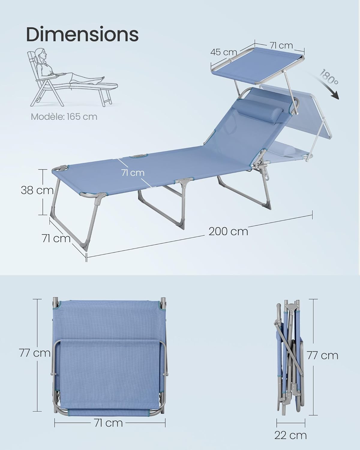 Detalle de SONGMICS Bain de Soleil Grand pliable bleu GCB022Q01 — transat inclinable avec pare-soleil