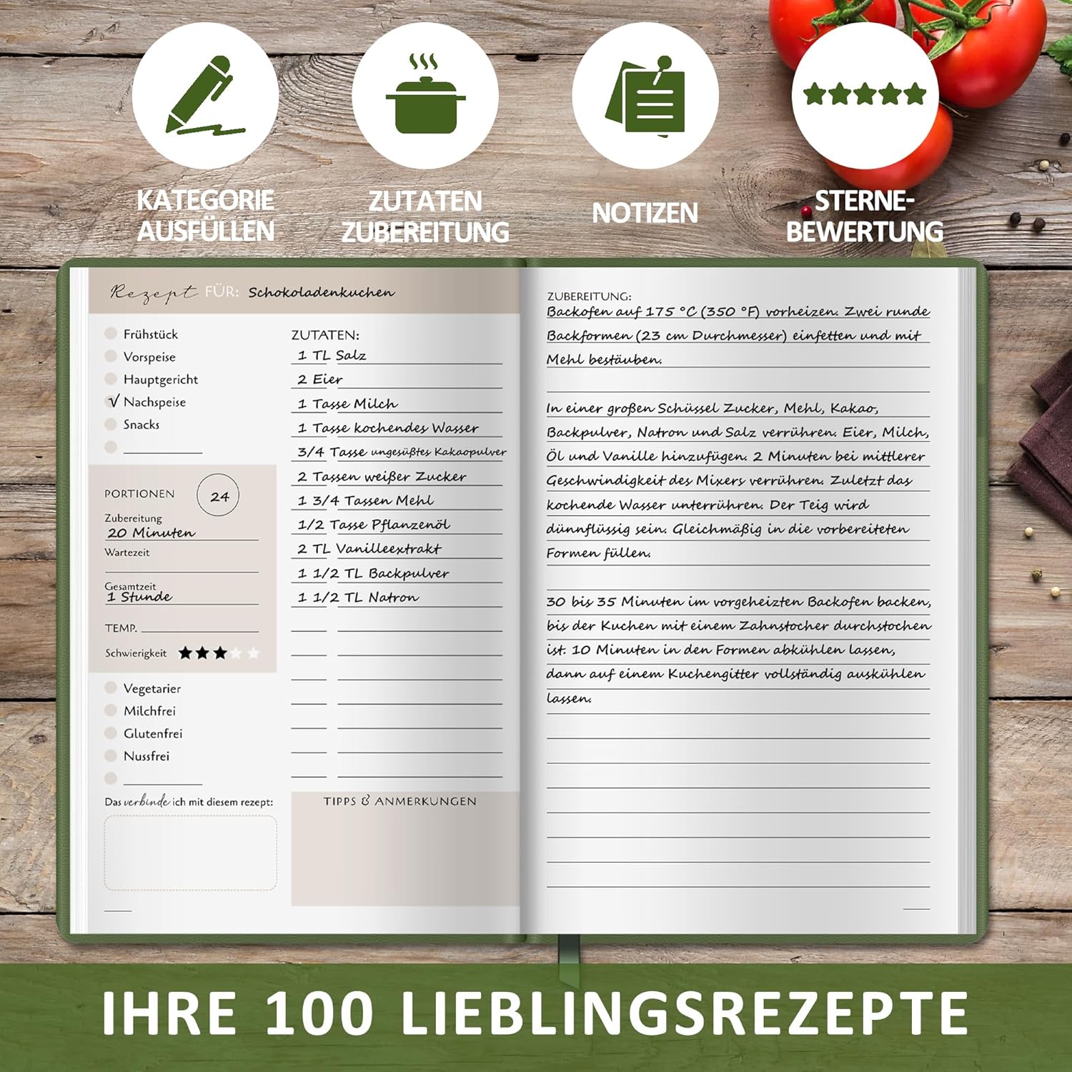 Thumbnail 1 de Rezeptbuch zum Selberschreiben A5 mit 100 Rezepten, 120 g/m² Papier & Lesezeichen