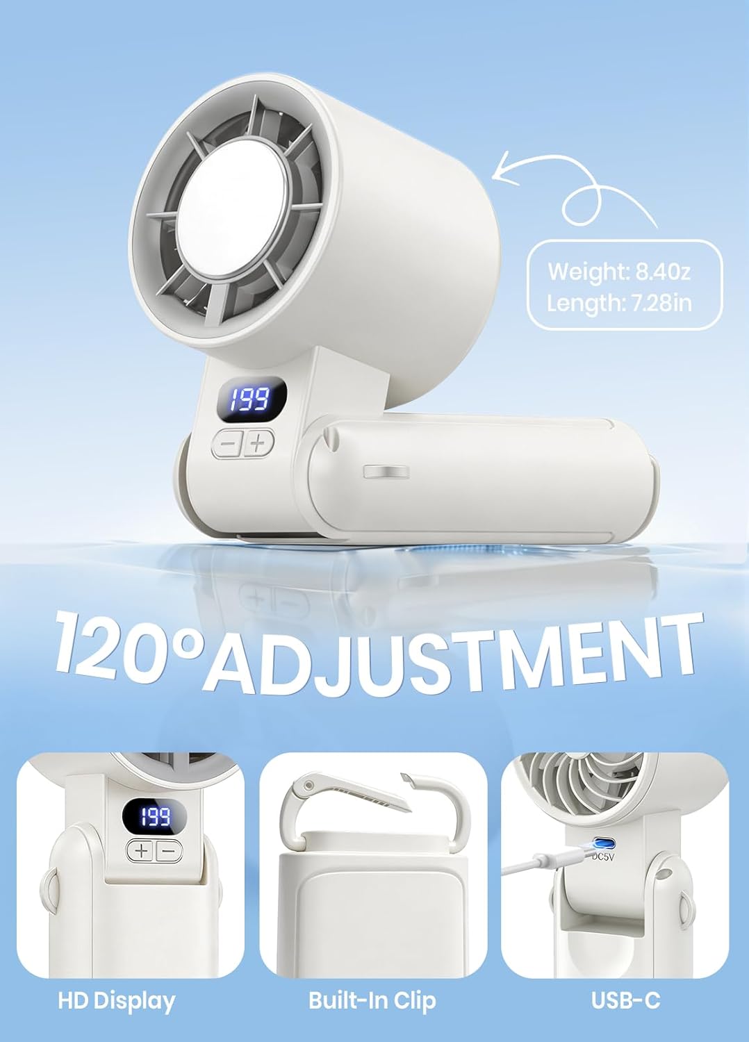 Thumbnail 2 de Deyhoc Handheld Fan Rechargeable with LED Display & Clip – 3‑in‑1 Portable Cooling