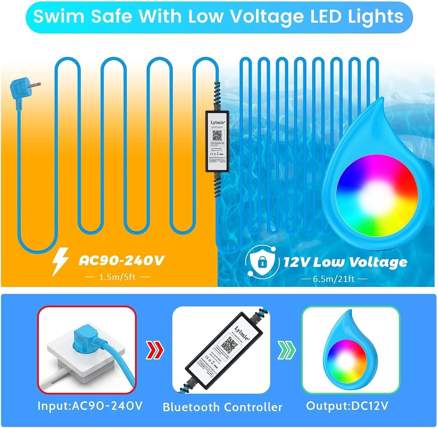 Detalle de LyLmLe Luci Piscina LED 20W sommerse RGB a 12V con controllo APP e cavo 8 m (IP68)