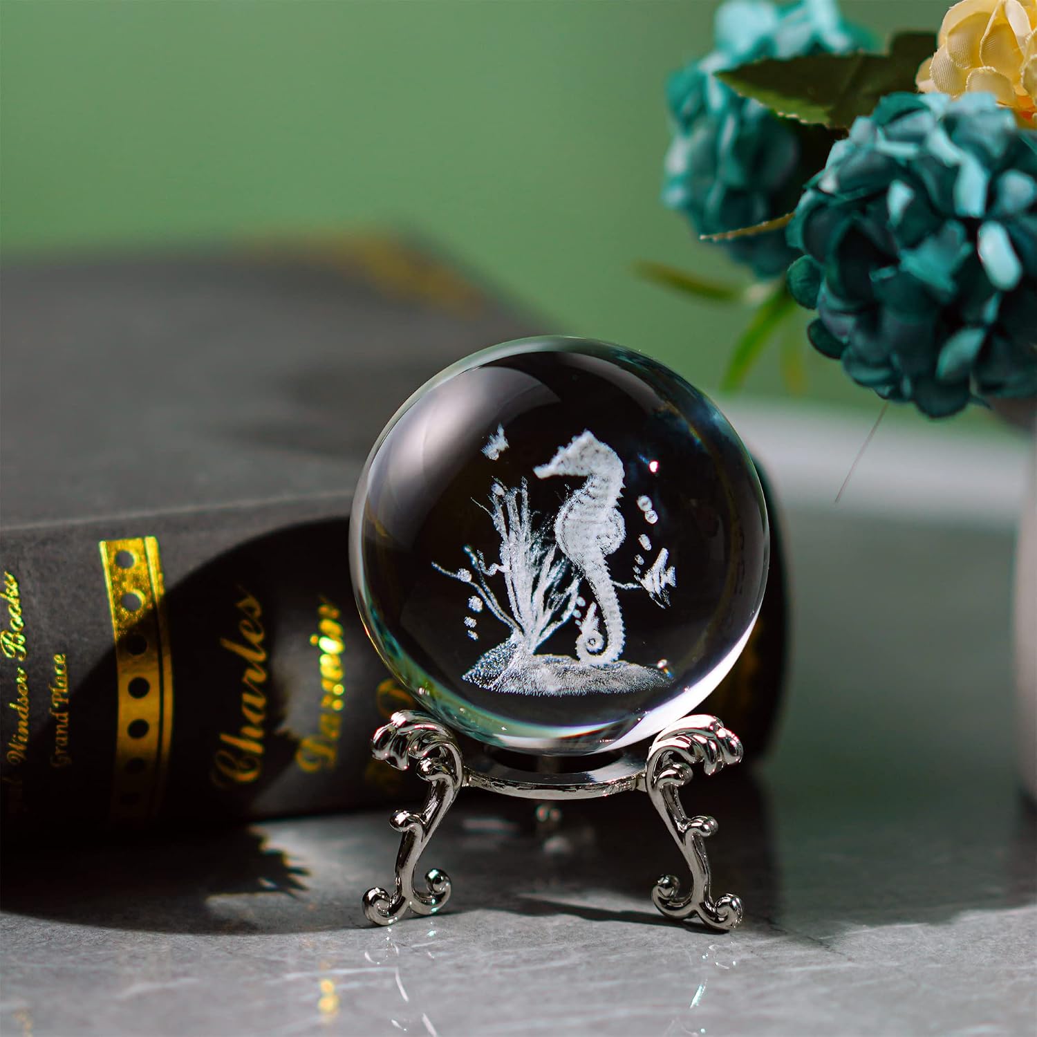 Thumbnail 5 de 60mm 3D Seahorse Crystal Ball Figurine with Stand – glass laser-engraved paperweight ornament