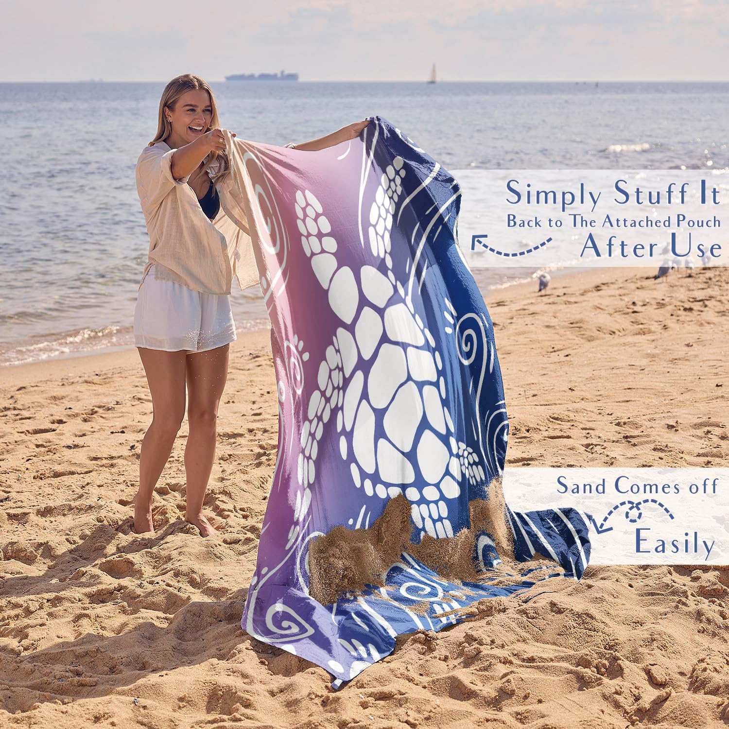 Detalle de WEKAPO Beach Blanket Waterproof Sandproof Oversized 11 x 9 ft with Stakes — Deep Blue Sea Turtle