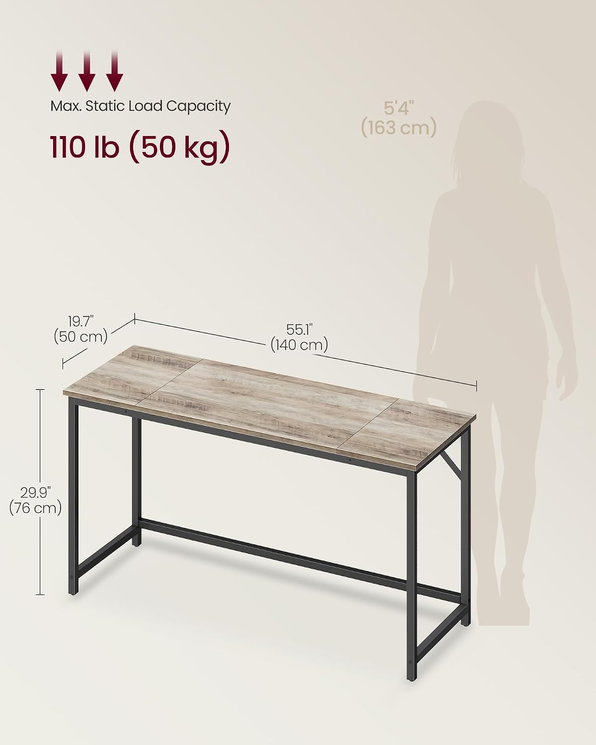 Detalle de VASAGLE LWD214L101 Computer Desk, 140 x 50 x 76 cm with Adjustable Feet