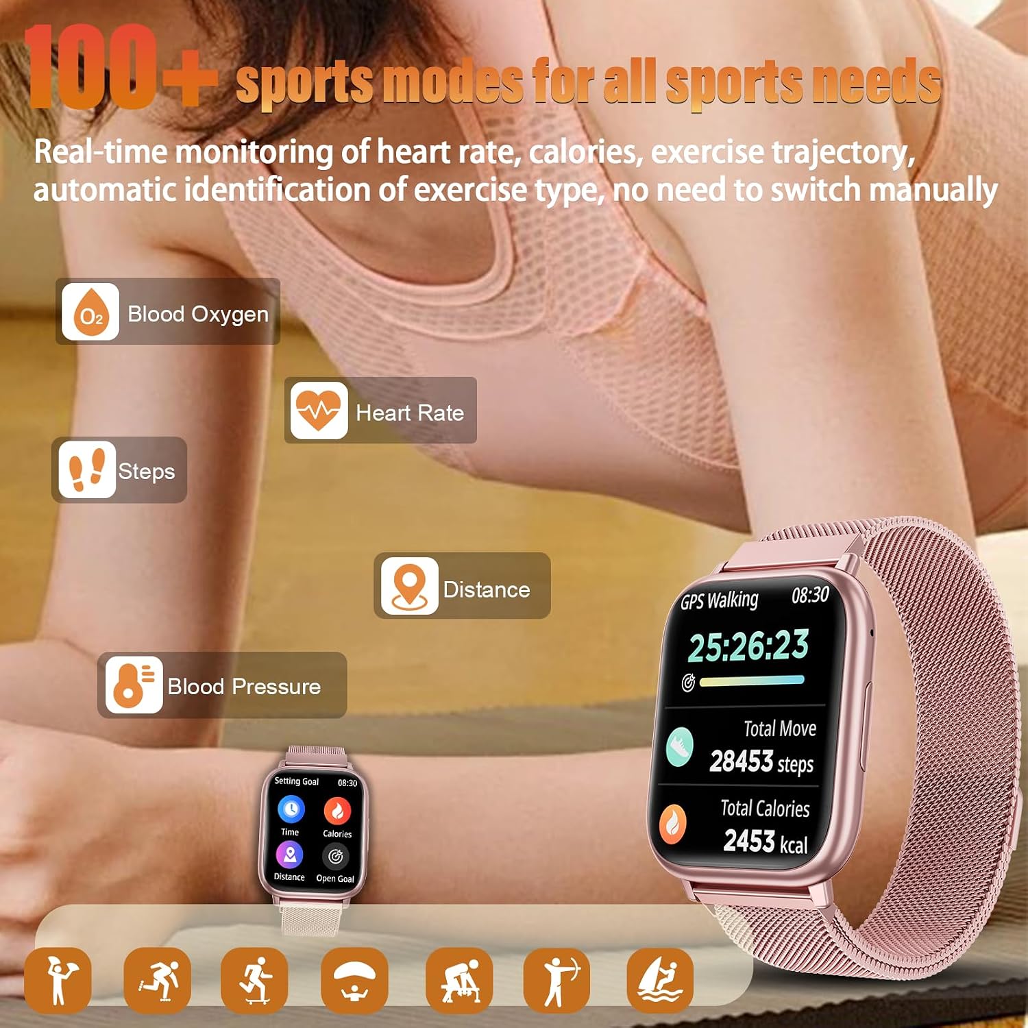 Detalle de SLOKSFil Smartwatch Donna con chiamate Bluetooth, 1,83” e fitness con SpO2, frequenza cardiaca e sonno (rosa)