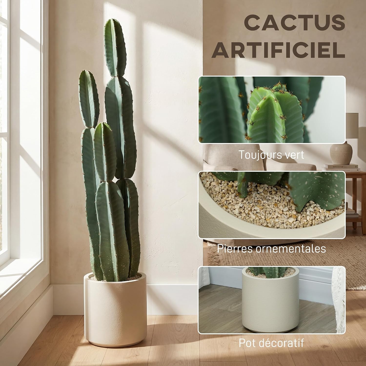 Detalle de HOMCOM 83C-206V00GN kunstcactus van 111 cm in pot, onderhoudsvrij