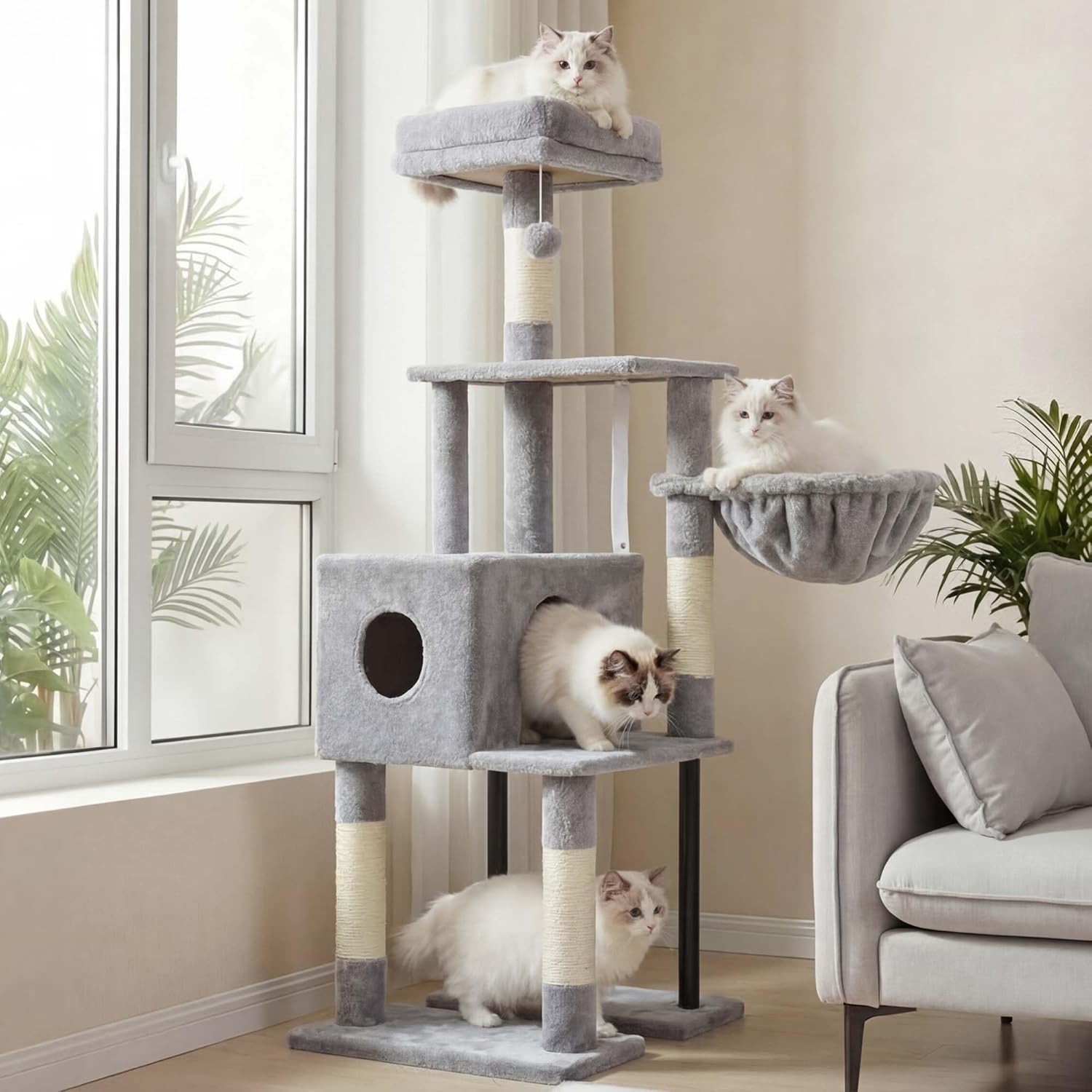 Detalle de Heybly Arbre à chat HCT200SW gris clair : petit arbre rascador avec niche et plateformes