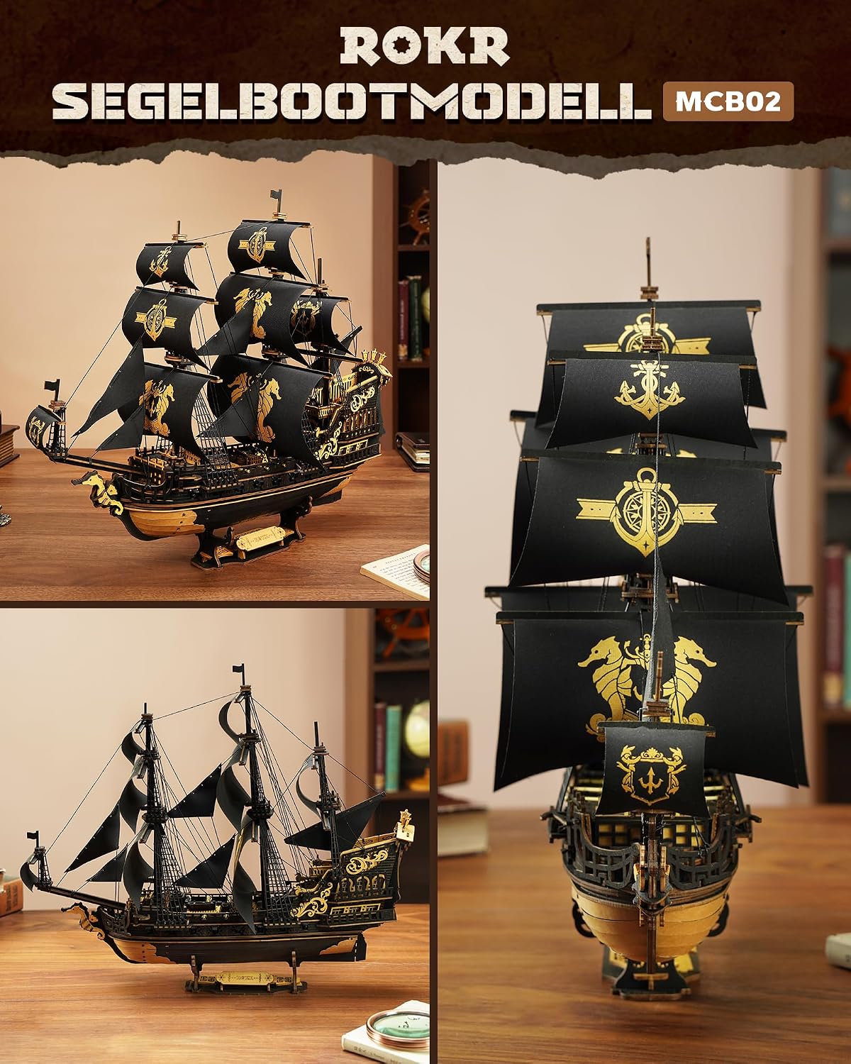 Thumbnail 2 de ROKR 3D Puzzle Holzbausatz The Seahorse Barque (MCB02) – Boot-Modell zum Selberbauen ohne Klebstoff
