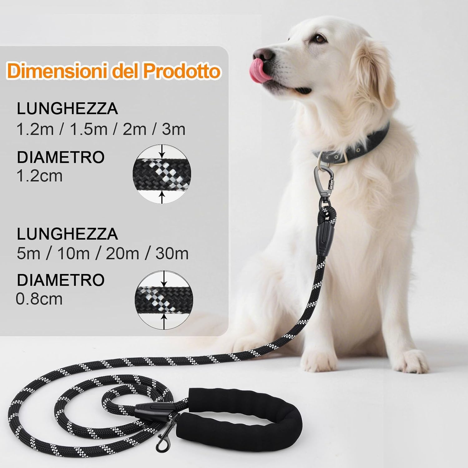 Detalle de Guinzaglio per cani lungo in nylon con impugnatura EVA imbottita e cuciture riflettenti, 1,2–30 m