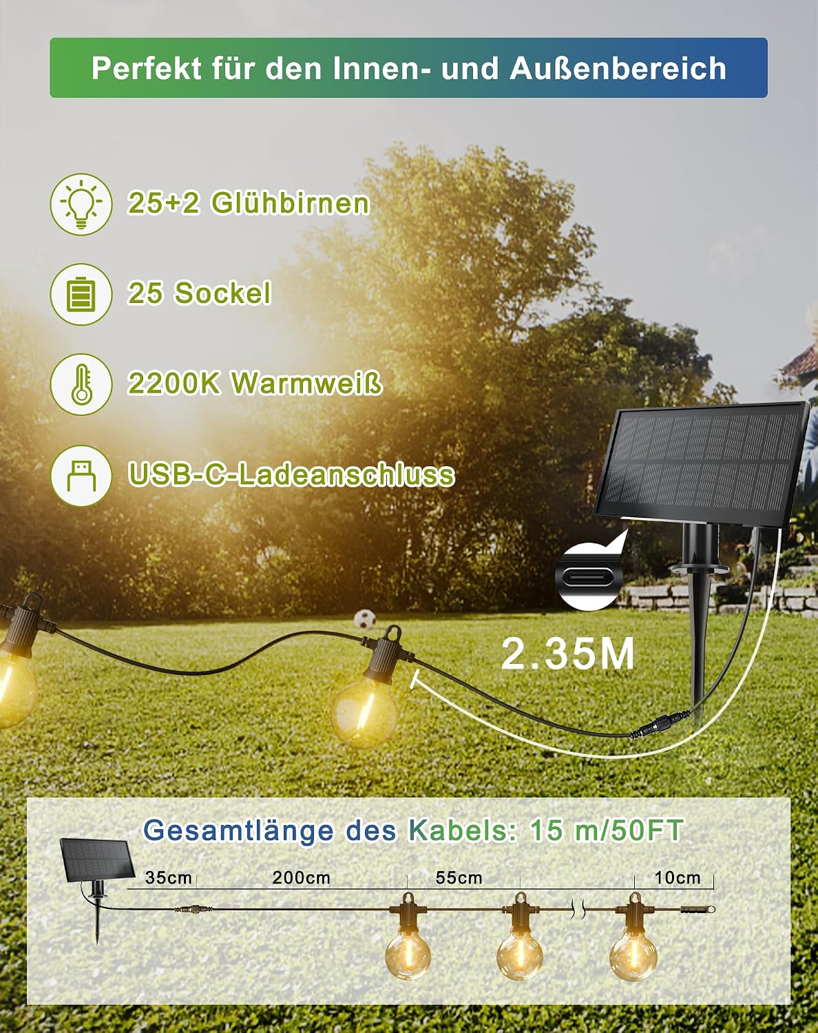 Detalle de Zuske Solar-Lichterkette außen 15 m mit 25+2 warmweißen G40 LED (IP65) – 5 Modi