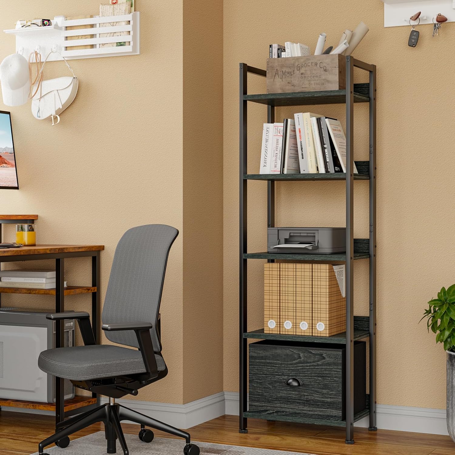 Detalle 2 de Furologee 5-Tier Bookshelf with Drawer, Black Oak, Narrow 55.5-Inch Shelf