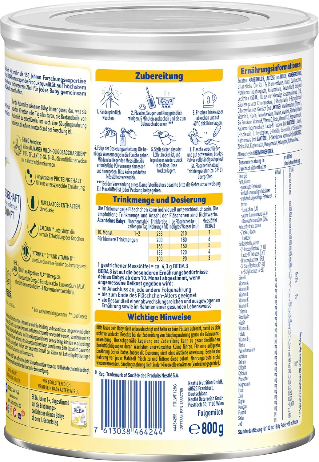 Thumbnail 1 de BEBA 3 Folgemilch ab dem 10. Monat – 6 x 800 g mit 5 HMOs, lactosehaltig, ohne Palmöl