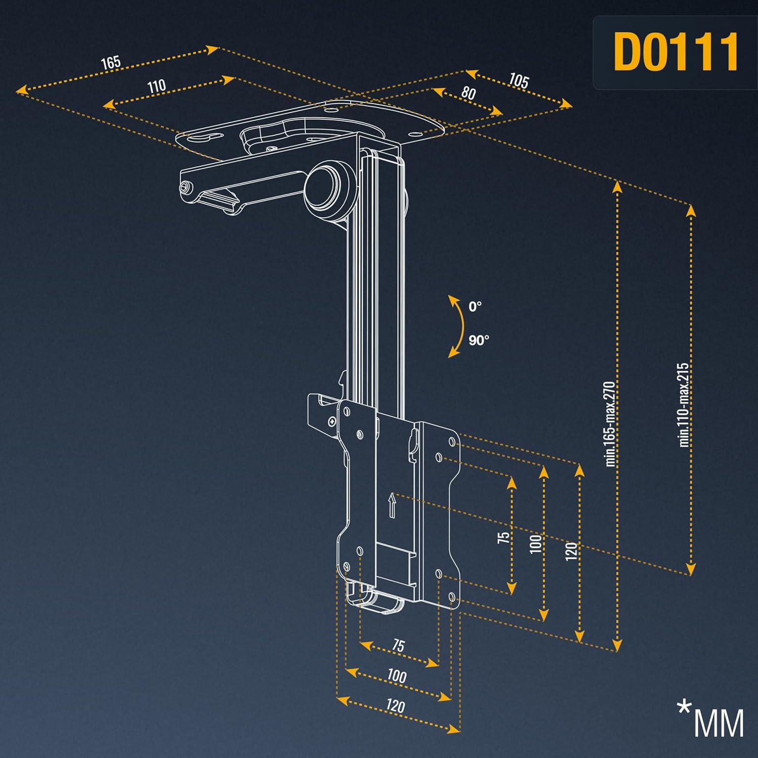 Detalle de RICOO D0111 – składany uchwyt sufitowy do TV i monitora, VESA 100 × 100 mm