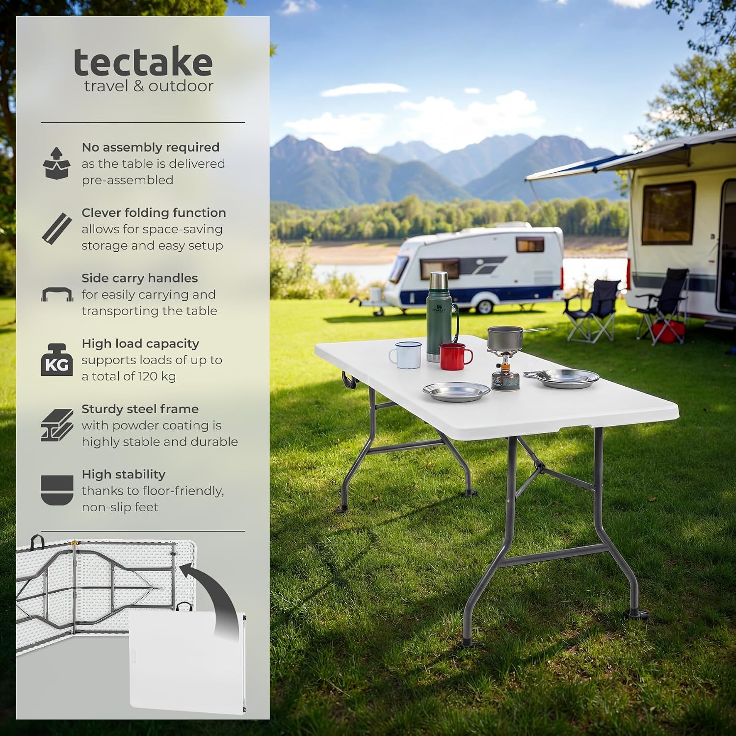 Detalle de tectake Panja II 406622 hopfällbart campingbord, 180 × 70 × 74 cm, vitt