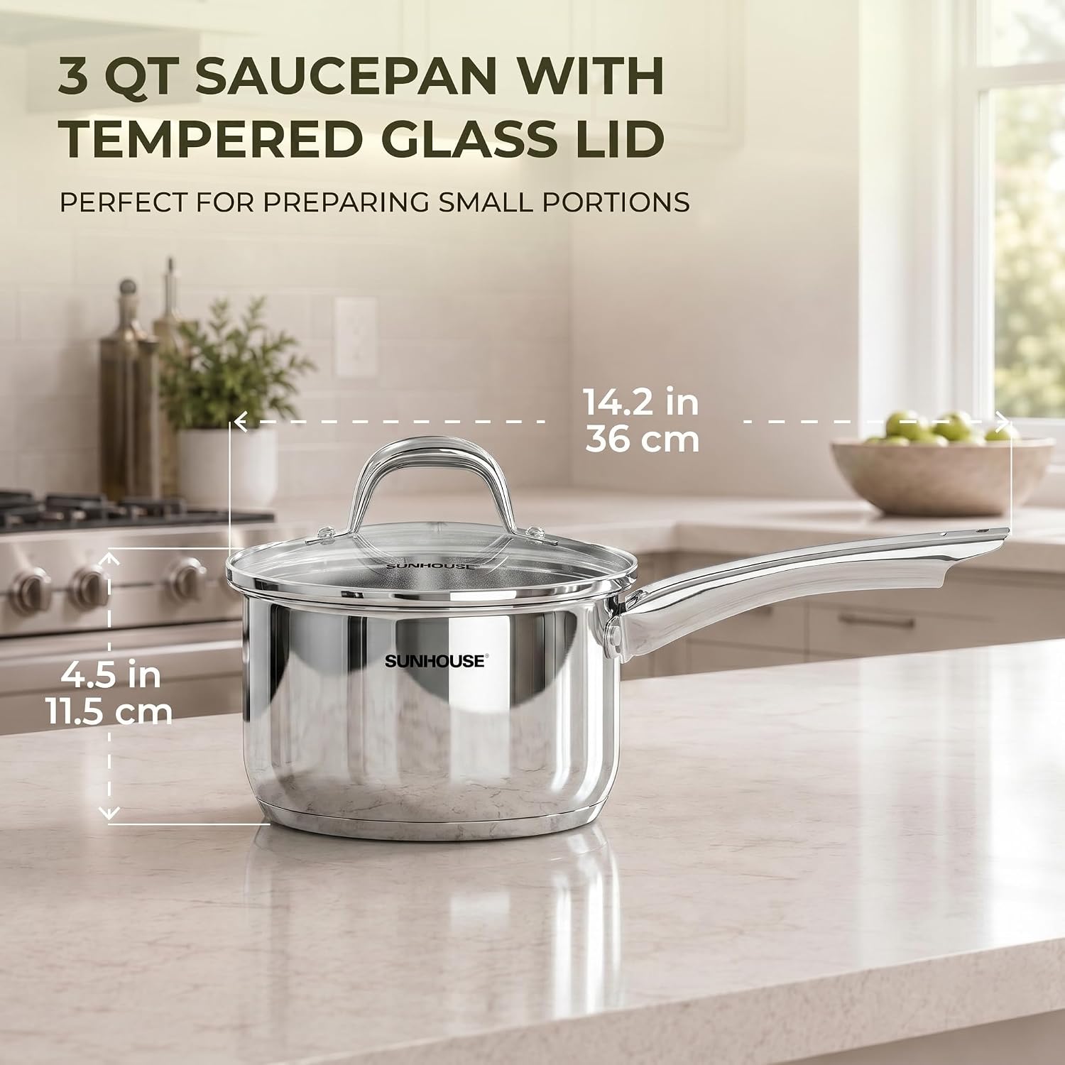Detalle 2 de SUNHOUSE 3-Quart Stainless Steel Saucepan with Lid