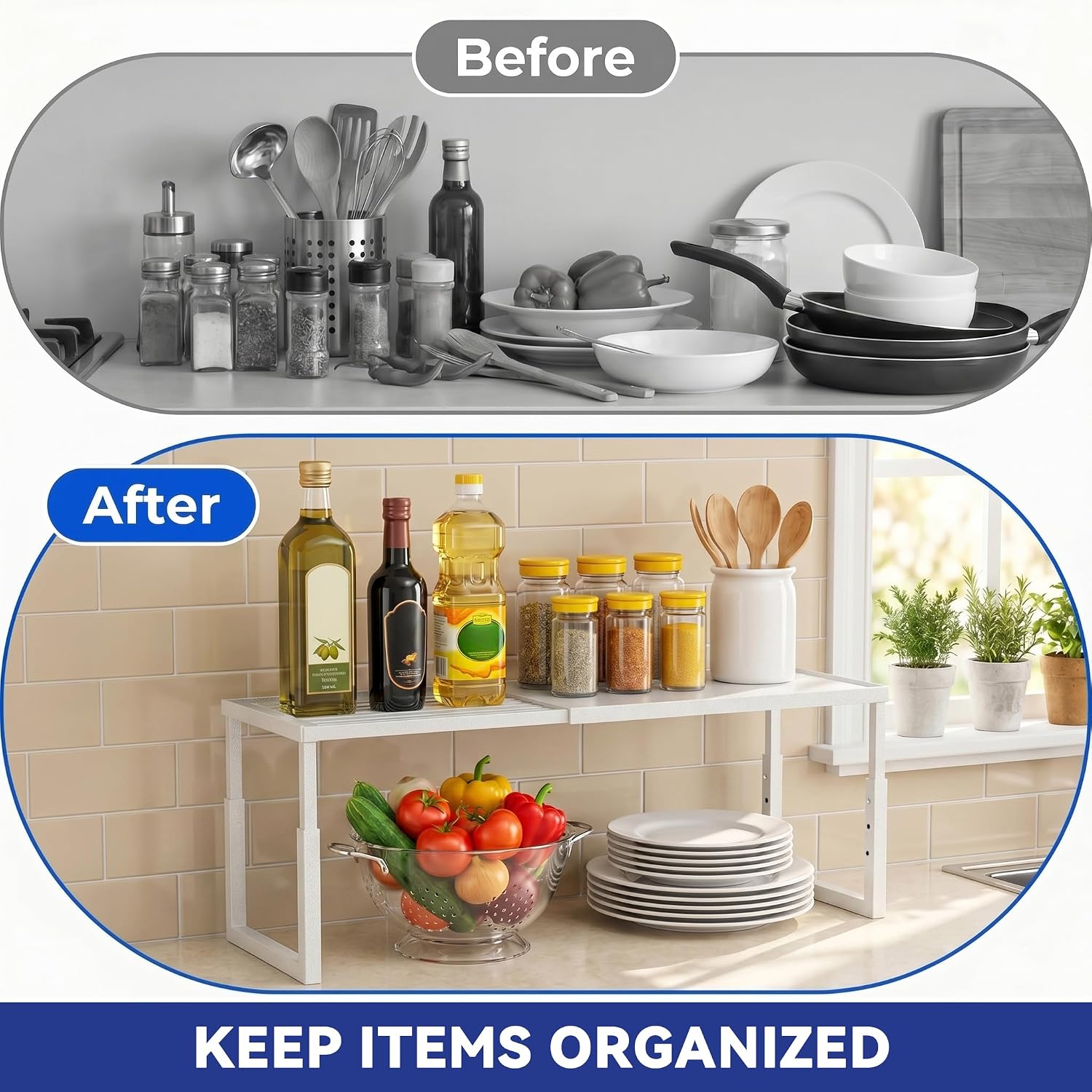 Detalle de Roidsed 1234-1 Expandable Cabinet Shelf Organizer, Stackable White Metal Rack