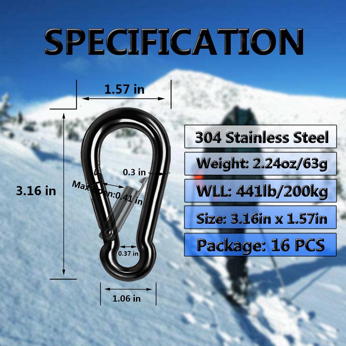 Thumbnail 1 de Ekunbuy Black Carabiner Clip 250 lb