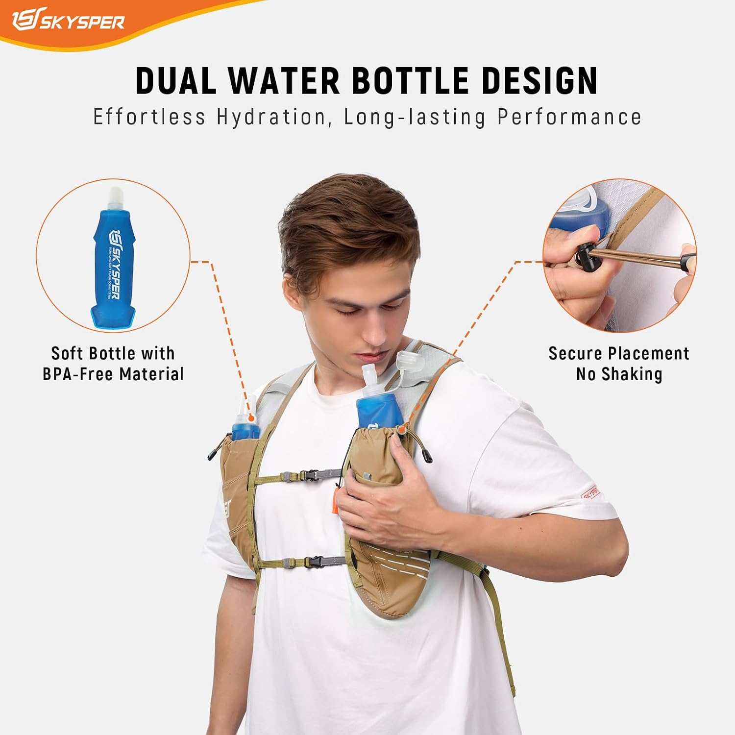 Detalle de SKYSPER Zaino Idratazione 12L: Gilet Trail con 2 Borracce 500ml, 9 Scomparti e Peso 230g