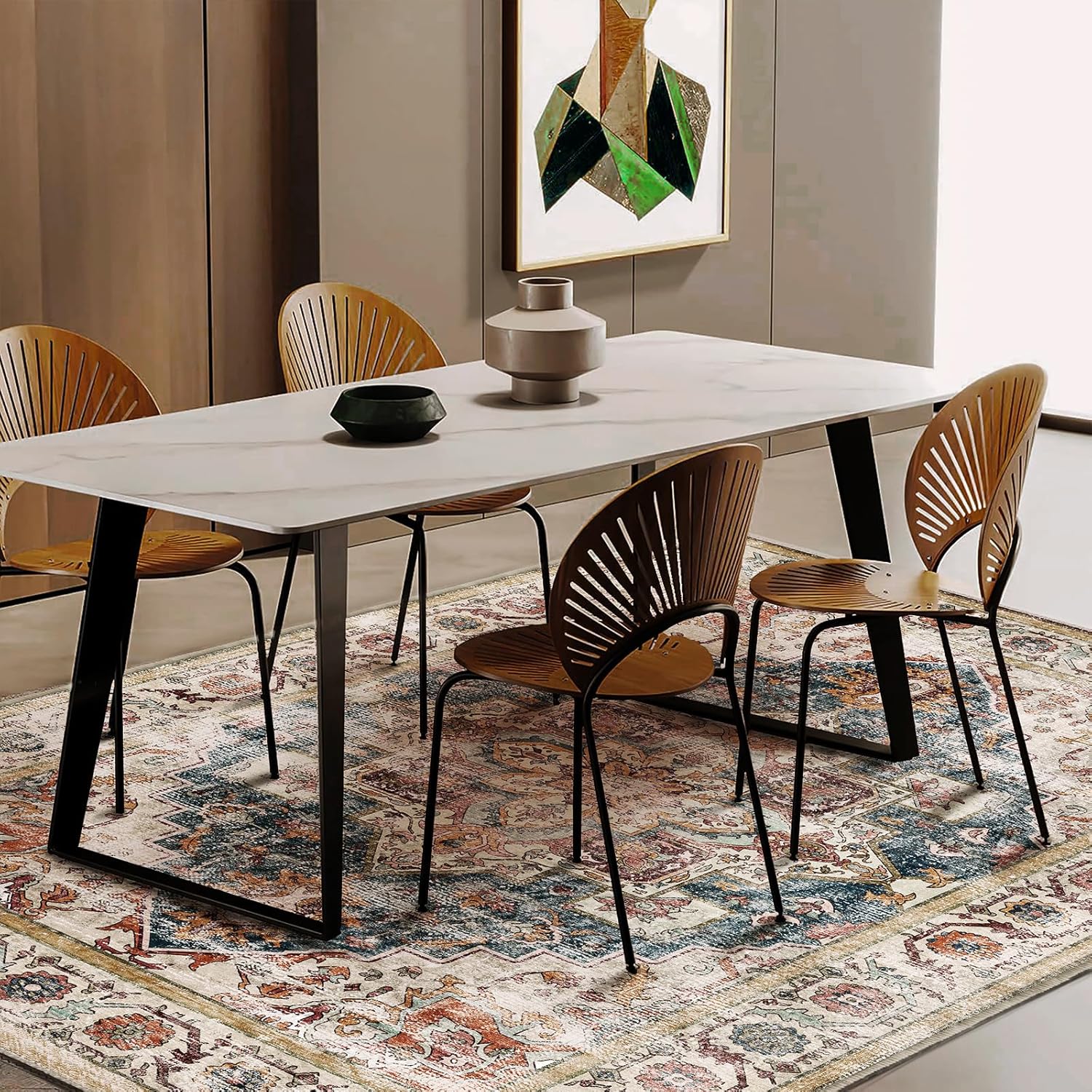 Thumbnail 1 de CHAMPLANT Washable Area Rug 10'x14' Beige Blue Boho Medallion