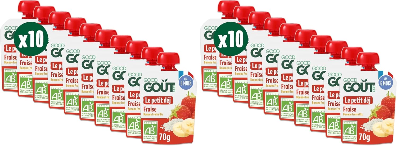 Detalle 2 de GOOD GOÛT Petit Déj Fraise – Gourde bébé dès 6 mois, format nomade, sans sucres ajoutés, 10x70 g