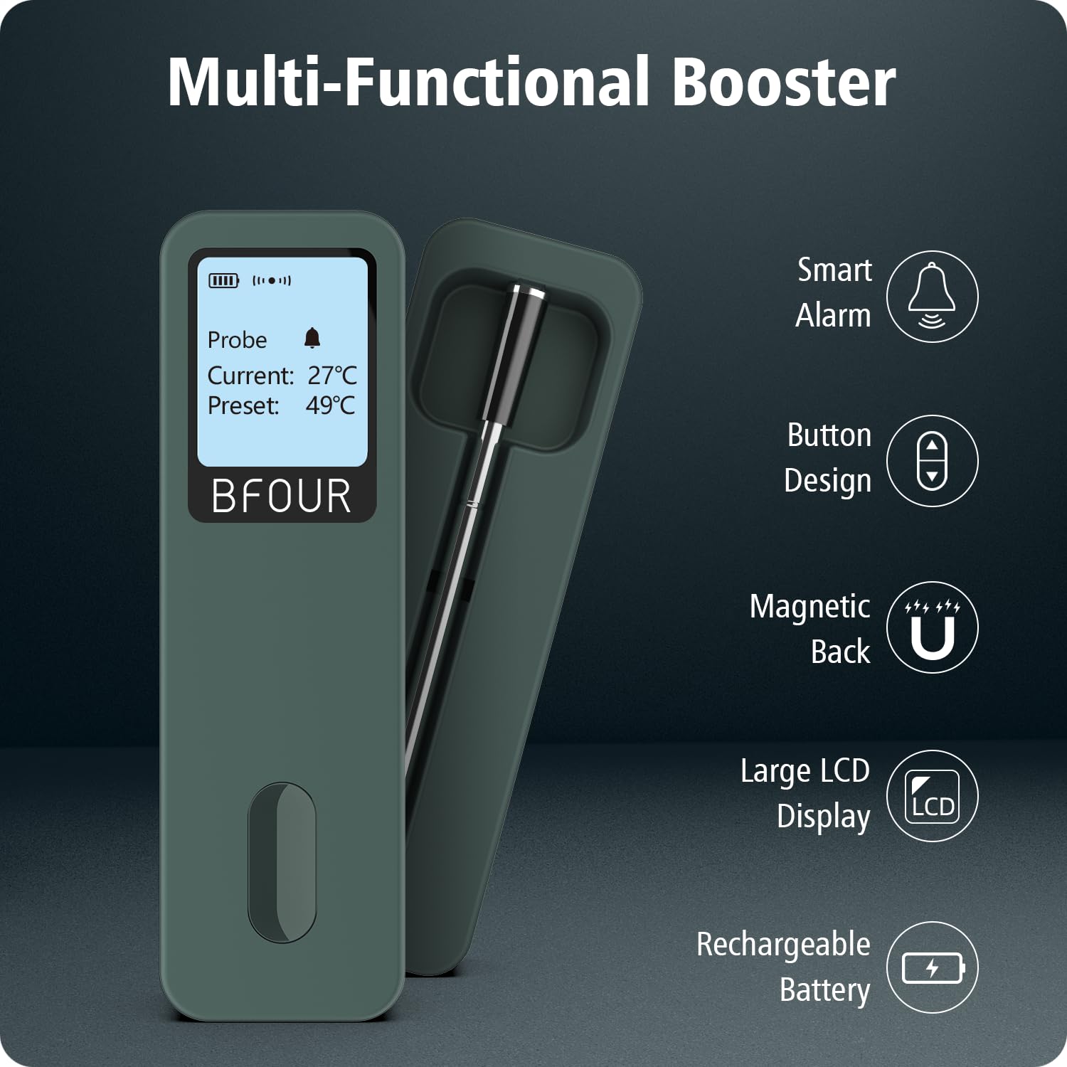 Detalle 2 de BFOUR Fleischthermometer kabellos per Bluetooth mit App, IP67 und Large Display