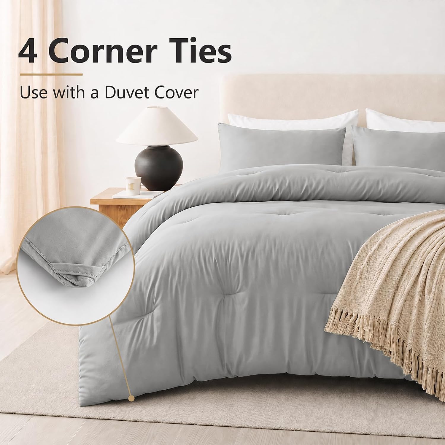 Detalle 2 de CozyLux Light Grey Queen Comforter Set, 3-Piece Bedding