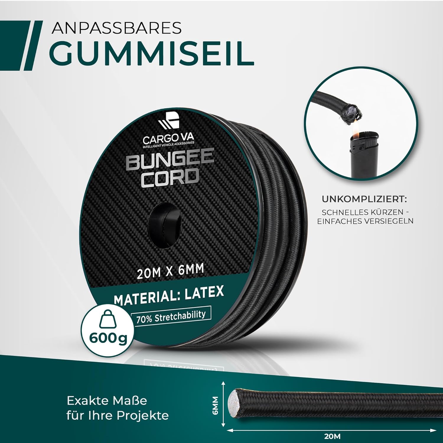 Thumbnail 4 de CargoVA Gummiseil 6mm x 20m Schwarz – Expanderseil mit +70% Dehnung, wetterfest und langlebig