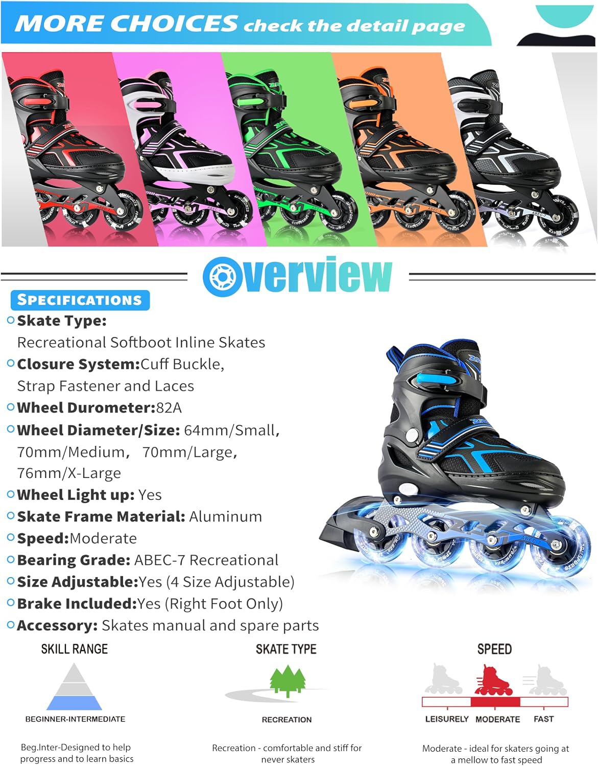 Detalle 2 de 2PM SPORTS Inline Skates, 4-Size Adjustable