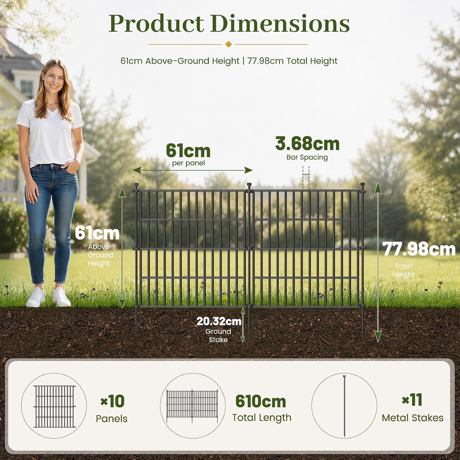 Detalle de No Dig Decorative Garden Fence, Dog Fence Outdoor – 61 cm x 610 cm, 10 Panels