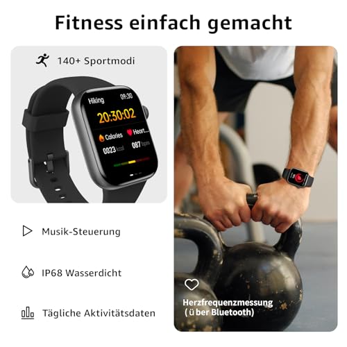 Detalle de AcclaFit Smartwatch – 1,85" HD Touch, IP68, 140+ Sportmodi, Pulsmesser, Schlafmonitor, Telefonfunktion – Schwarz