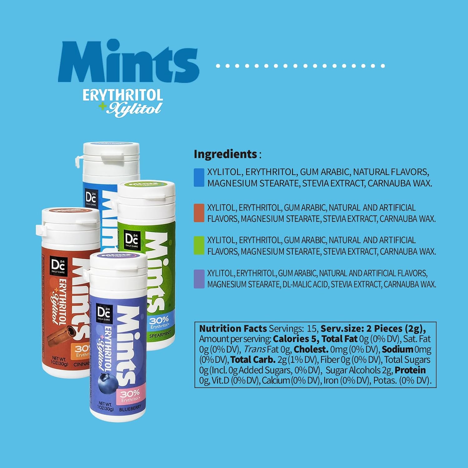 Detalle de DC24 DAILY CARE Xylitol Mints, Sugar-Free with Erythritol, 4-Tube Pack