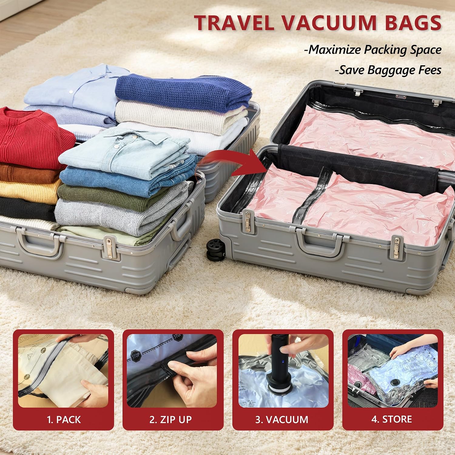 Detalle 2 de Travel Vacuum Bags with Cordless Pump, 18-Piece Set