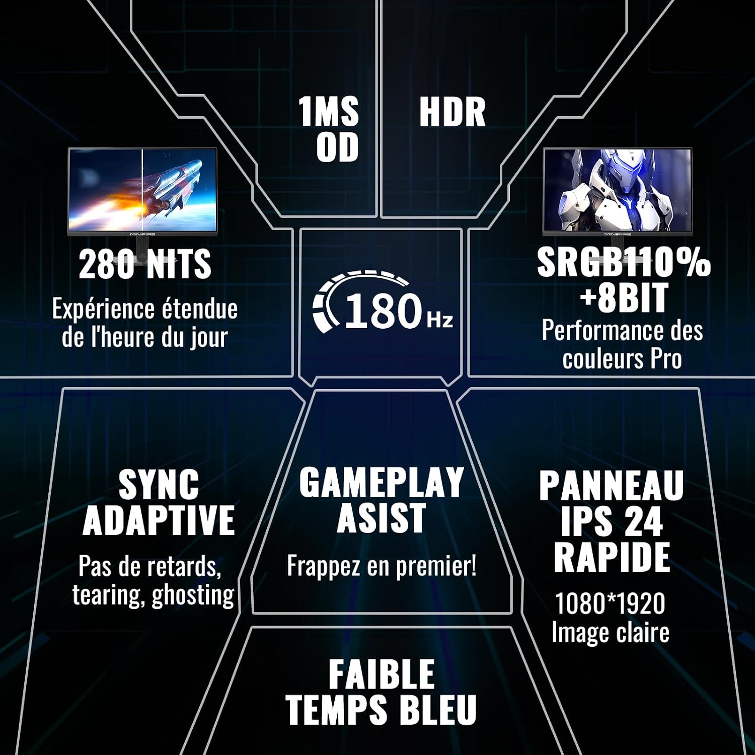 Detalle de Minifire 24 Inch 180Hz Gaming Monitor – Full HD, FreeSync, 110% sRGB