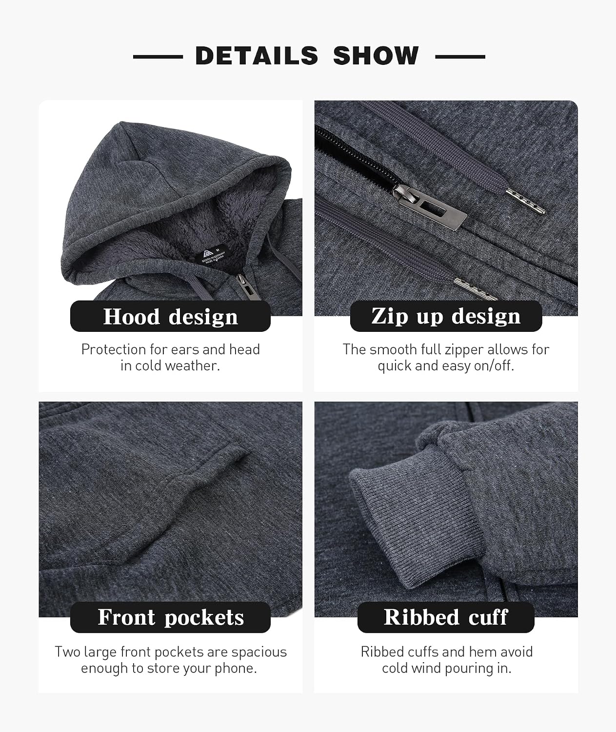 Thumbnail 4 de ZITY Men's Heavyweight Sherpa-Lined Zip-Up Fleece Hoodie with Adjustable Hood