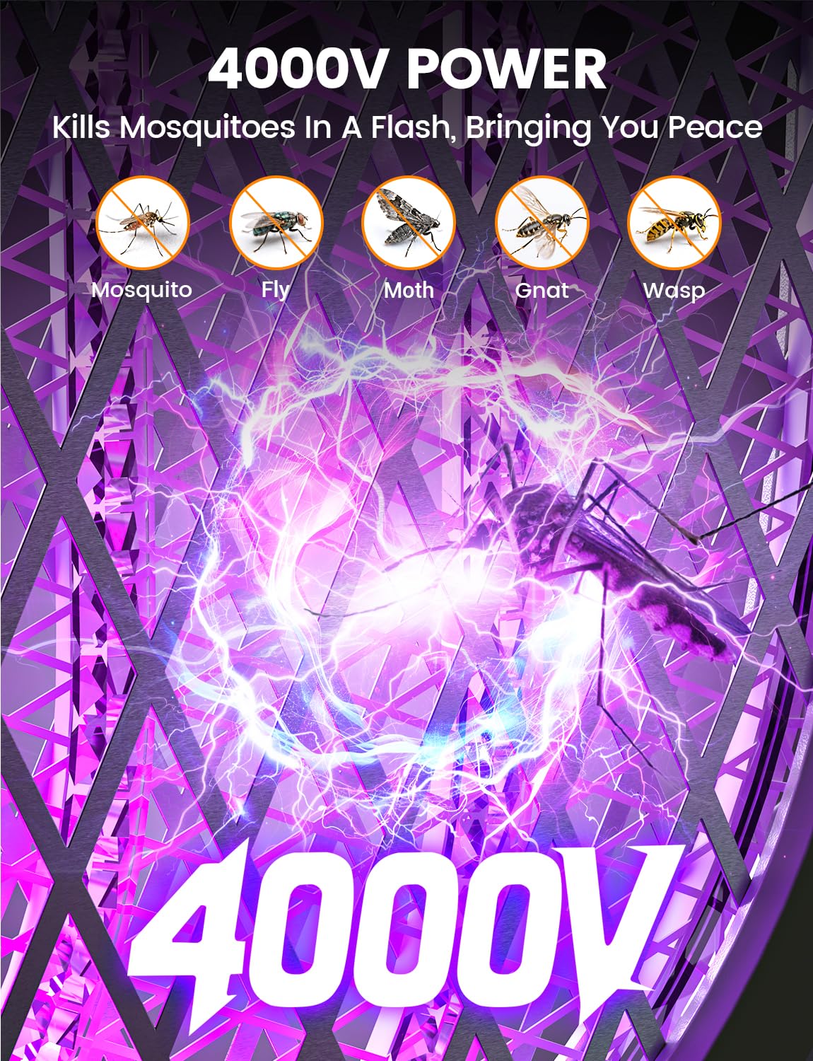 Detalle de WOCVRYY 4000V Electric Fly Zapper Racket (USB-C rechargeable, 1800mAh, foldable)