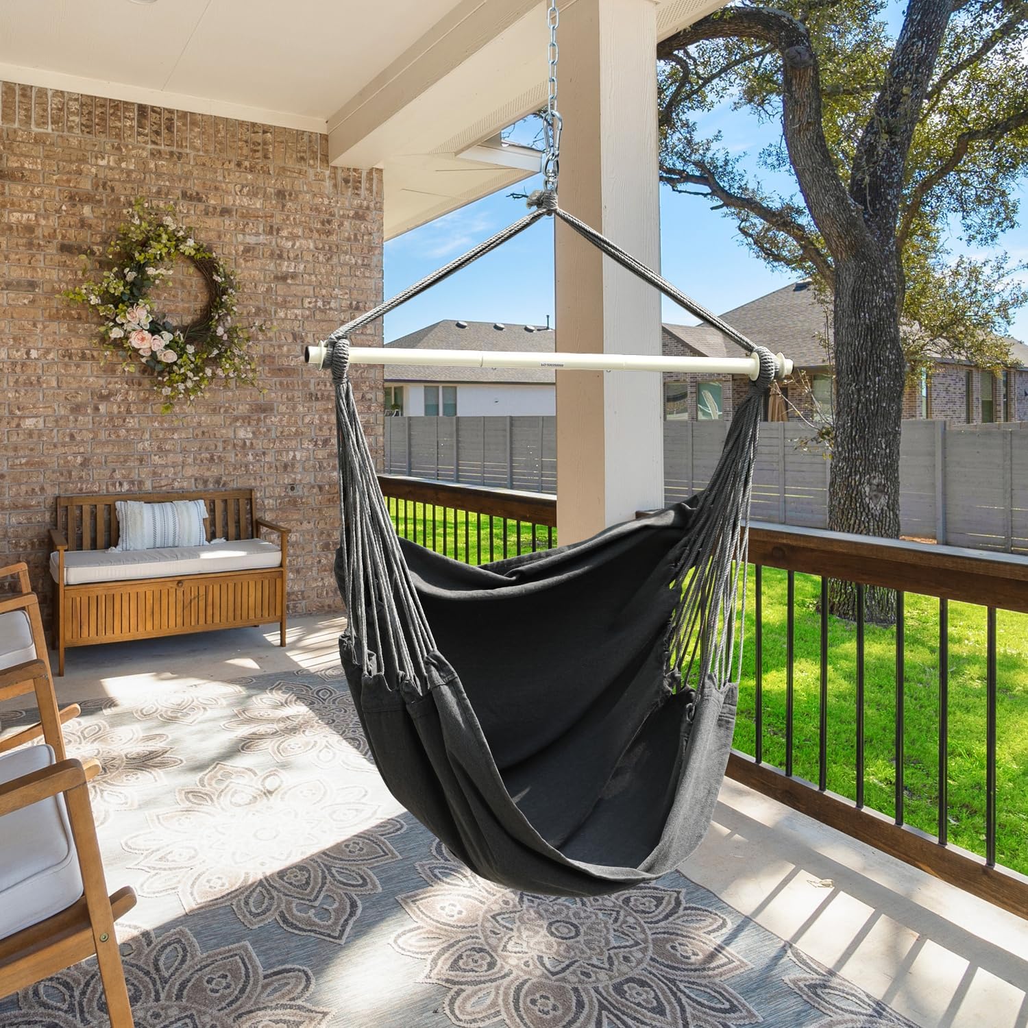 Thumbnail 6 de Ohuhu XL Hanging Chair Cotton Hammock Swing with Support Bar, Dark Grey (up to 150kg)