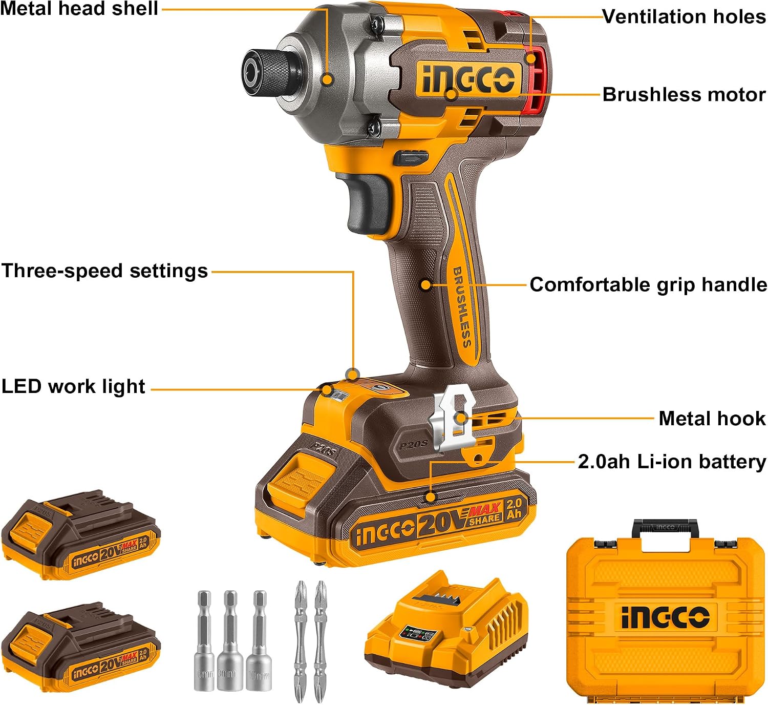 Thumbnail 2 de INGCO 20V Cordless Impact Driver 285NM with Brushless Motor – 3-Speed, LED Light, 2 x 2.0Ah Batteries, Charger & Case