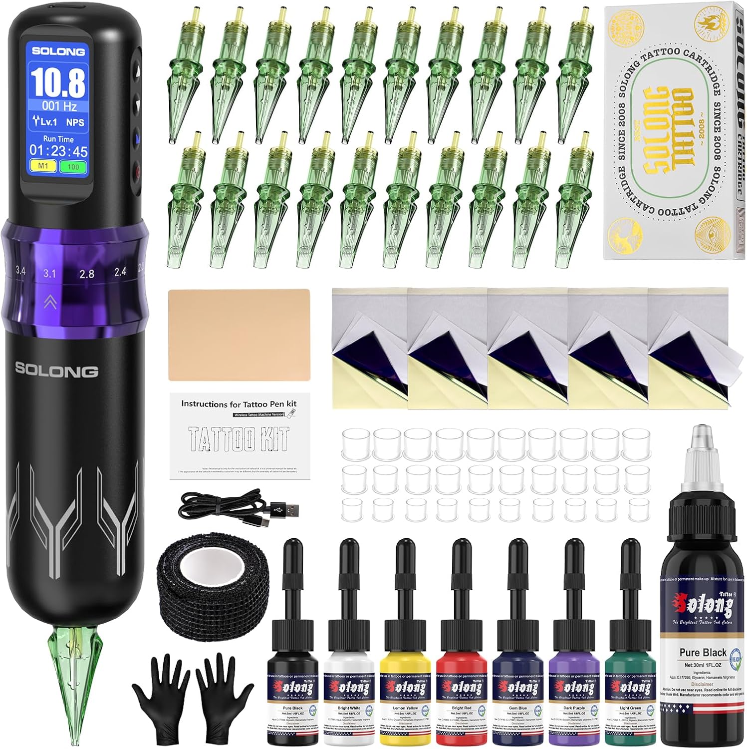 Detalle de Kit Tatuaggi Wireless Solong SL-TKE200AEU-4: Macchina Rotativa Professionale con Batteria 1600mAh e 7 Modalità
