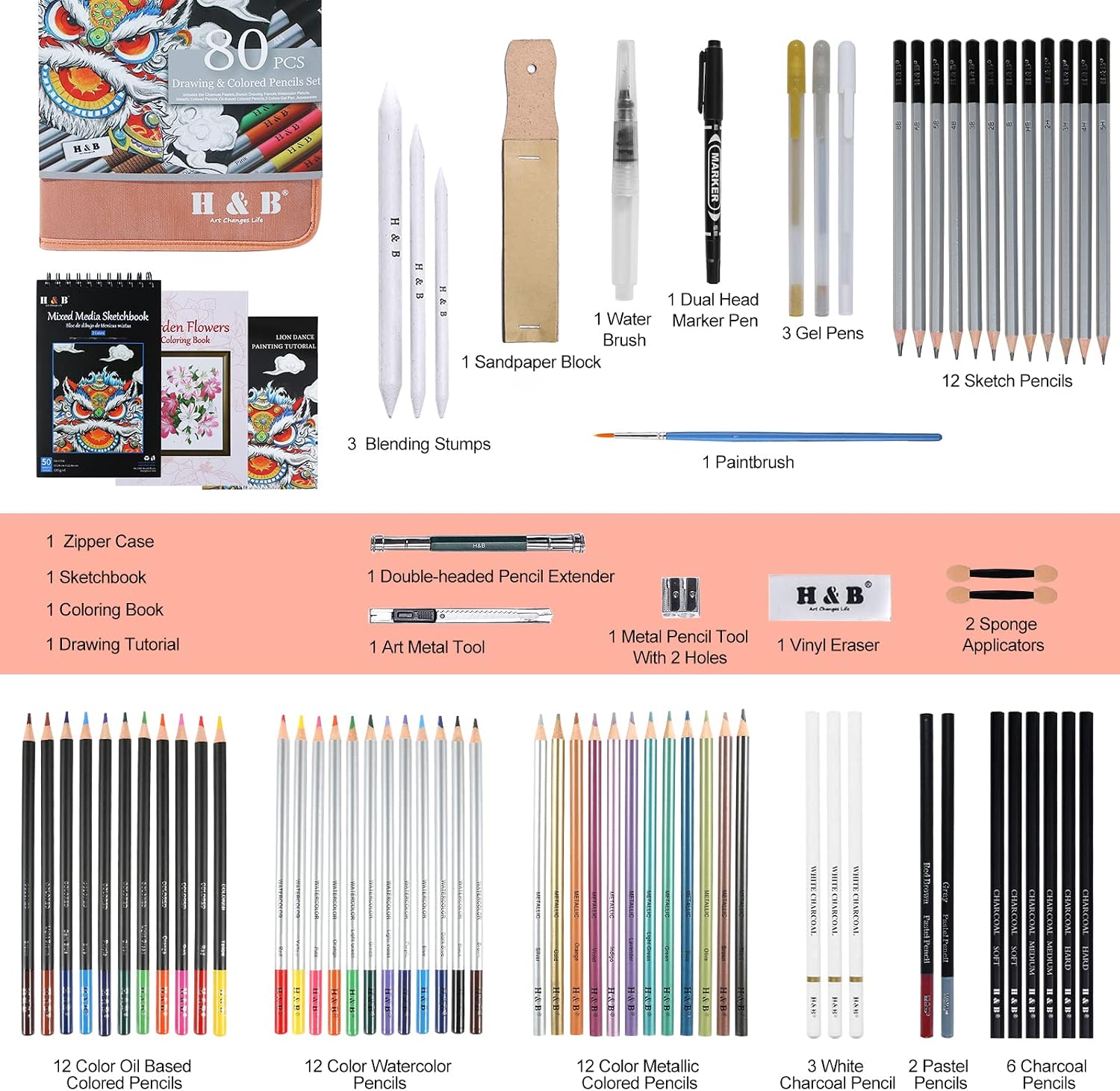 Thumbnail 1 de H & B 80pcs Drawing Set Sketching Pencil Set with 3-Colour Sketchbook and Colouring Book
