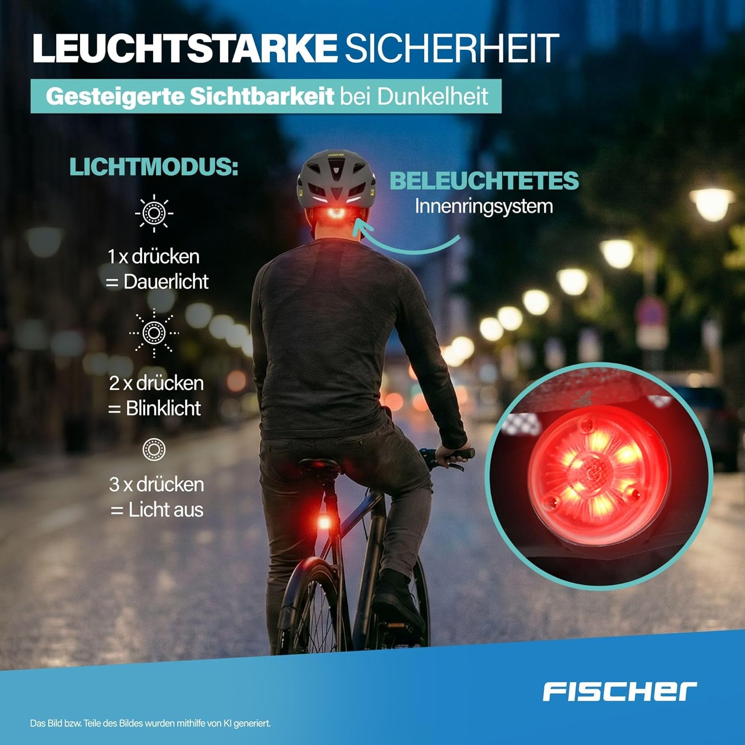 Detalle de FISCHER Erwachsenen Fahrradhelm Urban Levin S/M 52–59 cm grau – mit beleuchtetem Innenring-System