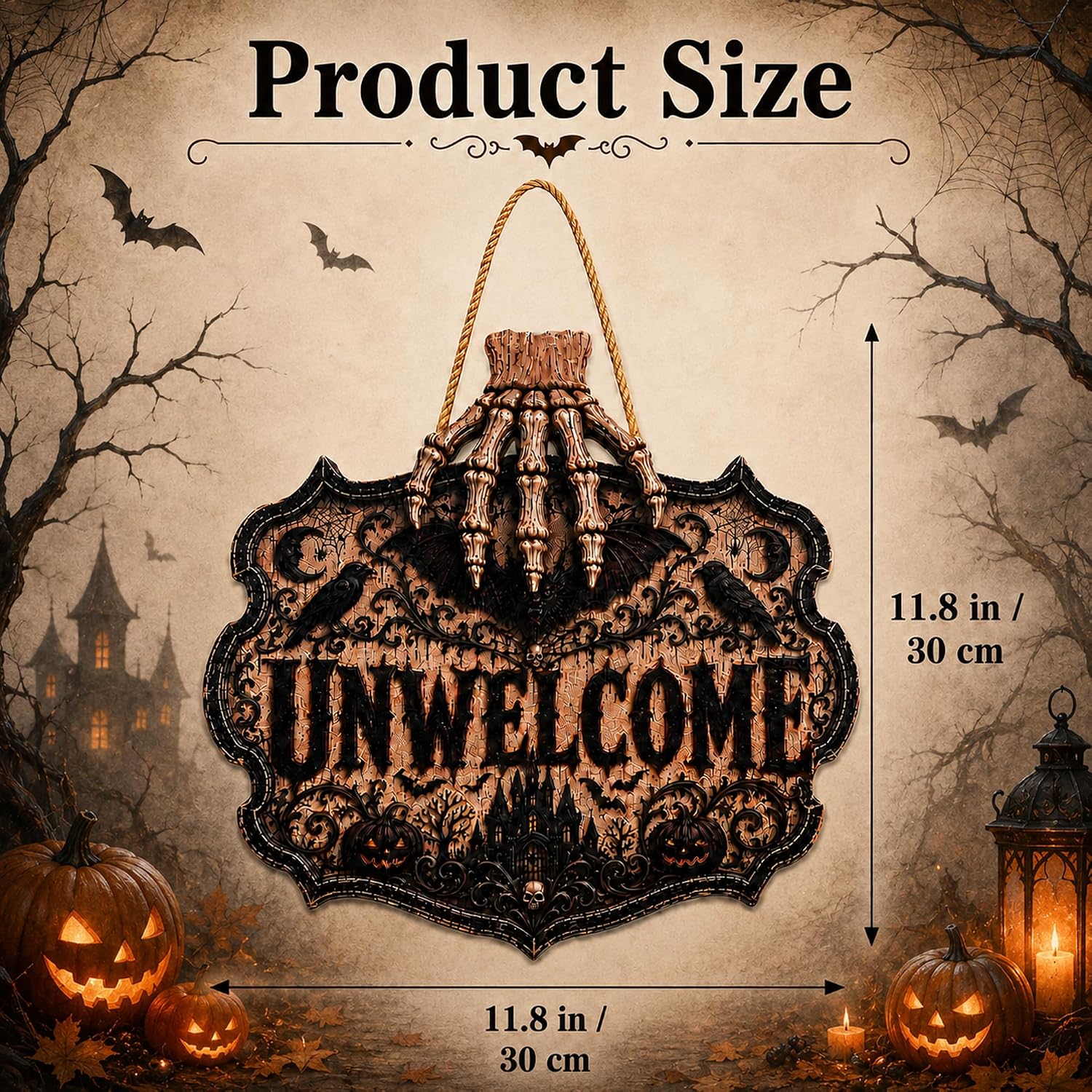Detalle de OHOME Gothic Halloween Wooden Sign, 2D Printed Black Unwelcome Door Decor