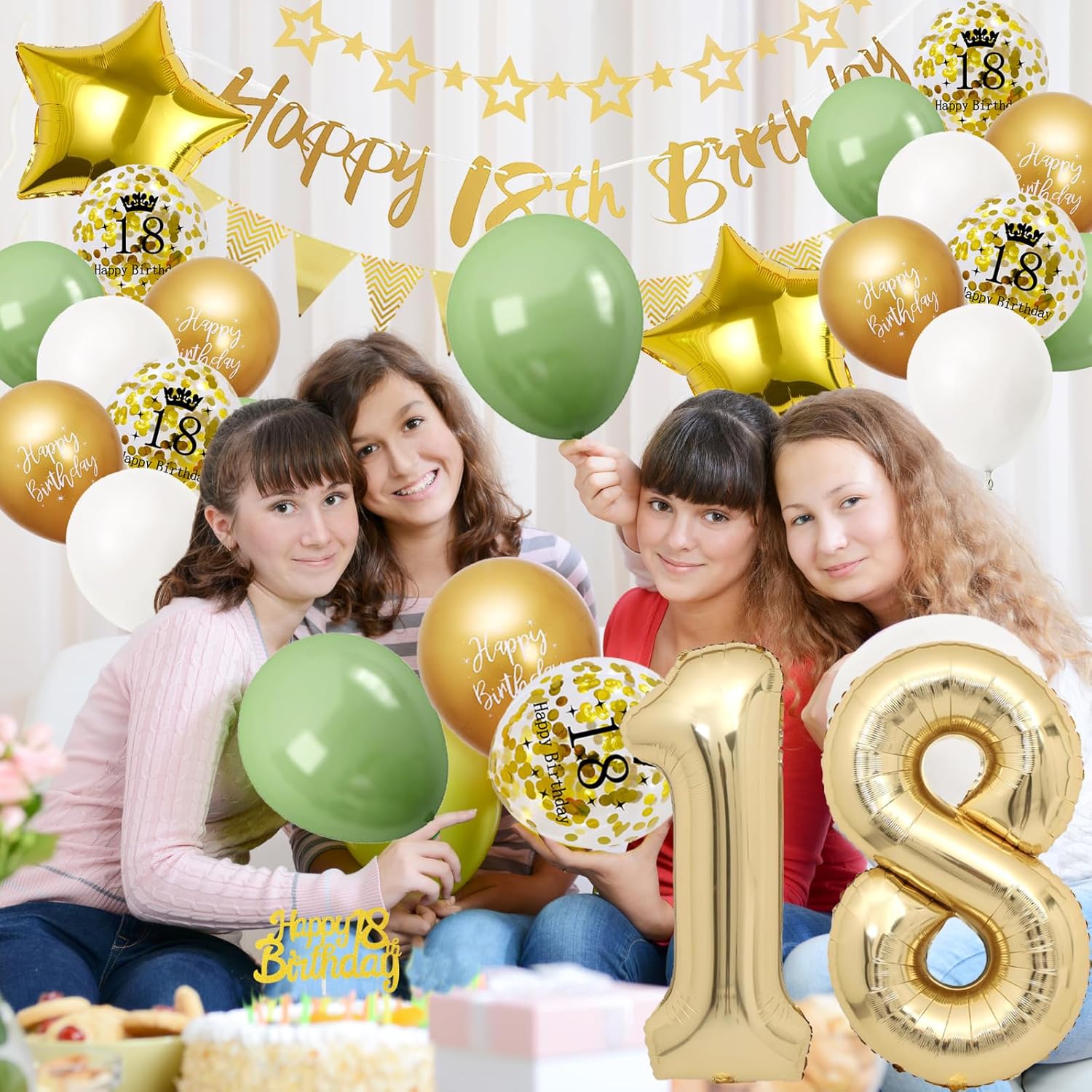 Thumbnail 3 de 18. Geburtstag Deko Set in Salbeigrün, Gold & Weiss – Ballons, Banner, Cake Topper und mehr