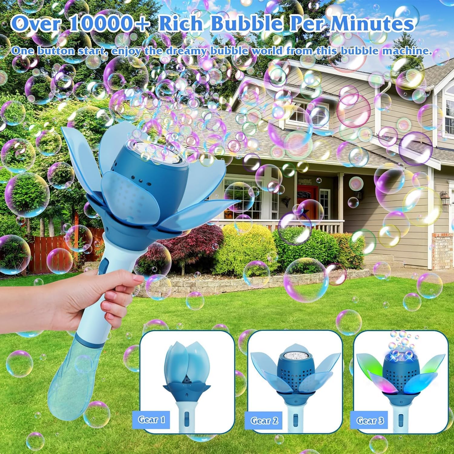 Detalle de Bombble Elektrisch Seifenblasenspielzeug „Lotosblume“ – Seifenblasenmaschine mit 10 Ausgängen, LED & Akku