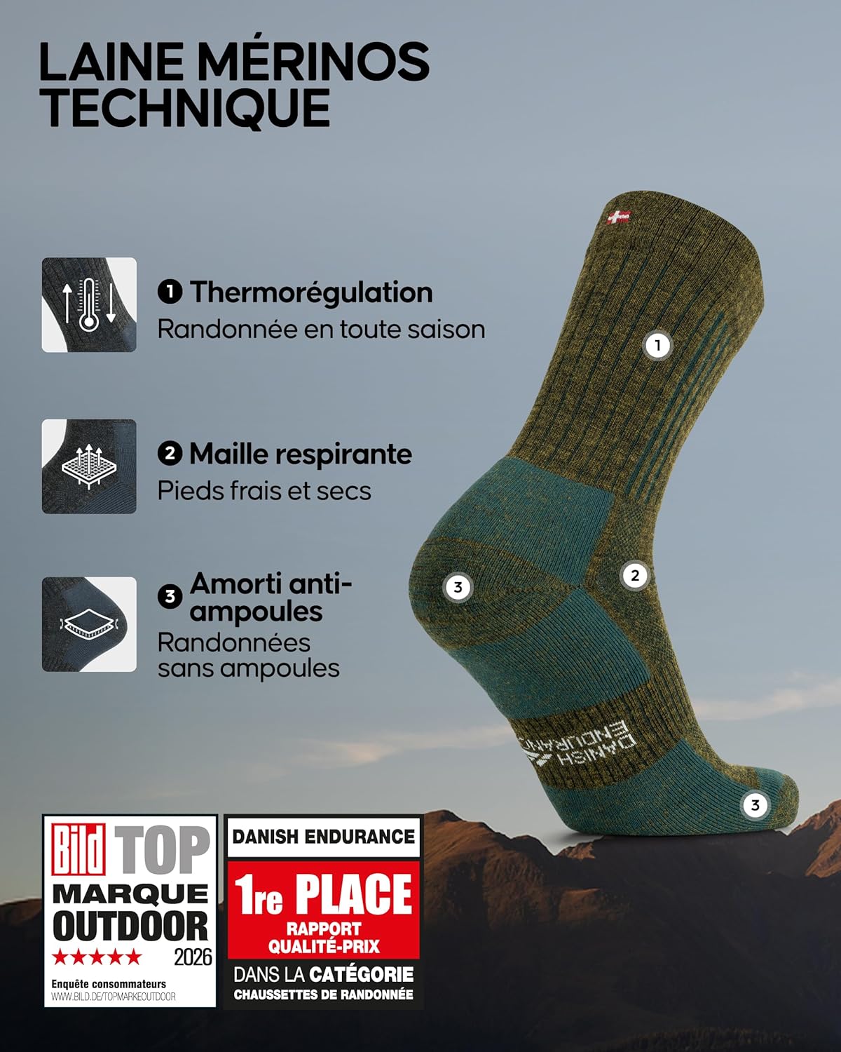 Thumbnail 1 de Danish Endurance Chaussettes de randonnée en laine mérinos premium (lot de 2) anti-rayures